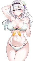 Rule 34 | 1girl, absurdres, amepon, aqua hair, arm up, bare arms, bare shoulders, bikini, black hairband, breasts, cleavage, commentary, cowboy shot, firefly (honkai: star rail), gradient hair, grey hair, hair ornament, hairband, hand on own hip, highres, honkai: star rail, honkai (series), large breasts, long hair, looking at viewer, multicolored hair, navel, purple eyes, simple background, solo, standing, stomach, swimsuit, thighs, very long hair, white background, white bikini