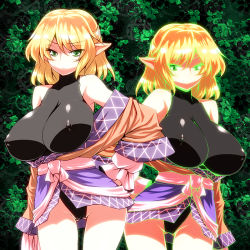 Rule 34 | 1girl, blonde hair, breasts, covered erect nipples, female focus, frown, green eyes, hand on own hip, huge breasts, mizuhashi parsee, pointy ears, red eyes, short hair, skin tight, symbol-shaped pupils, touhou, tro (trombe)