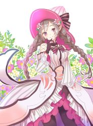 Rule 34 | 1girl, absurdres, black gloves, black pantyhose, bow, bowtie, braid, breasts, cowboy shot, dress, florist, flower, gloves, hair flower, hair ornament, hat, hat ribbon, heart, heart-shaped pupils, highres, hirochihiro, long hair, ludmila (rune factory), medium breasts, pantyhose, pointy ears, purple eyes, ribbon, rune factory, rune factory 5, symbol-shaped pupils, twin braids, witch hat, yellow pupils