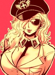 Rule 34 | 1girl, breasts, cleavage, color background, domino (one piece), hair over one eye, hat, impel down, necktie, one piece, peaked cap, pink background, solo, sunglasses, tinted eyewear, uniform, upper body, utakatauta