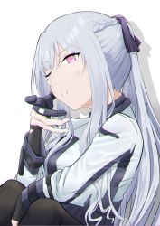 Rule 34 | 1girl, :o, ak-12 (girls&#039; frontline), black gloves, black pants, braid, breasts, french braid, girls&#039; frontline, gloves, hair ribbon, long hair, looking at viewer, medium breasts, one eye closed, open mouth, pants, partially fingerless gloves, ponytail, purinmeow, purple eyes, ribbon, silver hair, solo, tactical clothes, teeth, upper body, white background