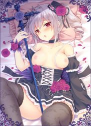 Rule 34 | 10s, 1girl, albino, asymmetrical sleeves, black border, black dress, black ribbon, black thighhighs, blue flower, blue rose, blush, border, breasts, breasts out, chestnut mouth, choker, collarbone, cross, cross-laced clothes, detached sleeves, dress, drill hair, eyebrows, feathers, floral print, flower, grey hair, hair flower, hair ornament, hair ribbon, hat, holding, holding staff, idolmaster, idolmaster cinderella girls, kanzaki ranko, kuroe (sugarberry), long hair, looking at viewer, lying, medium breasts, nipples, no bra, no panties, on back, on bed, petals, pillow, pink flower, pink rose, print thighhighs, red eyes, ribbon, rose, solo, staff, thighhighs, tiara, twin drills, twintails, underbust, uneven sleeves