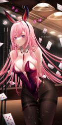 Rule 34 | 1girl, absurdres, animal ears, arms behind back, artist name, axylon, bare shoulders, between breasts, black hairband, black pantyhose, breasts, card, cleavage, closed mouth, collarbone, commentary, diamond (shape), dice, eight of diamonds (playing card), elysia (honkai impact), english commentary, groin, hair between eyes, hair intakes, hairband, heart, highres, honkai (series), honkai impact 3rd, indoors, large breasts, leotard, looking at viewer, pantyhose, pink hair, playboy bunny, playing card, pointy ears, purple eyes, purple leotard, rabbit ears, smile, solo, strapless, strapless leotard, thighband pantyhose