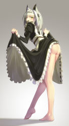 Rule 34 | 1girl, absurdres, alternate costume, animal ears, arknights, ass, barefoot, black dress, black ribbon, cat ears, cat girl, clothes lift, dress, dress lift, feet, from behind, full body, garter straps, green eyes, green hair, grey background, hair ribbon, highres, kal&#039;tsit (arknights), leaning forward, legs, long sleeves, looking at viewer, maid, maid headdress, no panties, ribbon, simple background, soles, solo, standing, toes, yamauchi (conan-comy)