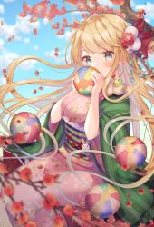 Rule 34 | 1girl, ahoge, animal, animal on shoulder, ball, bird, bird on shoulder, blue eyes, blue sky, blush, bow, breasts, cloud, commentary, covering own mouth, cowboy shot, day, emu alice, falling petals, floral print, flower, gomano rio, hair bow, hair flower, hair ornament, hands up, highres, holding, holding ball, japanese clothes, kanzashi, kimono, liver city, long hair, long sleeves, looking at viewer, medium breasts, obi, outdoors, petals, pink kimono, red bow, sash, short sleeves, sitting, sky, solo, striped sleeves, symbol-only commentary, wide sleeves