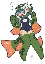 Rule 34 | 1girl, absurdres, animal feet, blue eyes, blue one-piece swimsuit, bright pupils, bubble, facial mark, fins, fish girl, fish tail, full body, green hair, green scales, head fins, highres, hz ebfry, looking to the side, medium hair, monster girl, multicolored hair, no sclera, one-piece swimsuit, original, scales, school swimsuit, sharp teeth, sidelocks, signature, solo, swimsuit, tail, teeth, two-tone hair, white background, white hair, white pupils