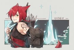 Rule 34 | 1boy, animal ears, arm tattoo, armor, arrow (projectile), bare shoulders, blush, bow (weapon), cat tail, crow0cc, crystal, crystal exarch, final fantasy, final fantasy xiv, g&#039;raha tia, glowing, green eyes, highres, male focus, miqo&#039;te, parted lips, ponytail, quiver, red hair, smile, solo, sparkle, tail, tattoo, tree, weapon, weapon on back
