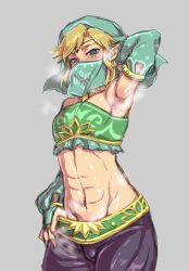 Rule 34 | 1boy, abs, armpits, blue eyes, blush, breath, bulge, cowboy shot, crossdressing, detached sleeves, gerudo set (zelda), grey background, koshii tai, link, looking at viewer, male focus, mouth veil, navel, nintendo, official alternate costume, pointy ears, shiny skin, simple background, solo, steam, steaming body, stomach, the legend of zelda, the legend of zelda: breath of the wild, toned, toned male, trap, veil
