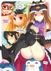 Rule 34 | 4girls, :d, ass, black dress, blonde hair, blush, breasts, brown hair, cleavage, closed mouth, commentary request, cure muse (yellow), detached sleeves, dress, hat, kotegawa yui, long hair, long sleeves, looking at viewer, mask, mawaru penguindrum, medium breasts, multiple girls, ohta yuichi, open clothes, open dress, open mouth, panties, pantyshot, penguin 1-gou, penguin 3-gou, precure, princess of the crystal, purple eyes, shirabe ako, sitting, sleeves past wrists, smile, suite precure, takakura himari, thighhighs, to love-ru, underwear, white panties, yellow eyes