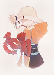 Rule 34 | 1girl, arms behind head, arms up, bare shoulders, blonde hair, bracelet, choker, covered face, cropped torso, earrings, fingernails, fishofthelakes, from behind, genshin impact, hadanugi dousa, hair ornament, hair ribbon, highres, holding, holding ribbon, japanese clothes, jewelry, kimono, obi, open kimono, orange kimono, ponytail, red choker, ribbon, rope, sash, shimenawa, simple background, single bare shoulder, solo, stud earrings, tying hair, yoimiya (genshin impact)