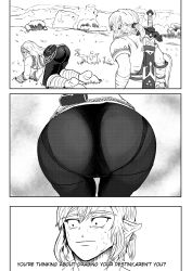 Rule 34 | 1boy, 1girl, 3koma, all fours, ass, blush, boots, comic, constricted pupils, elf, english text, eyebrows, grass, greyscale, highres, huge ass, ichi-gsm, link, long hair, long sleeves, looking at another, master sword, monochrome, nintendo, outdoors, pants, pointy ears, ponytail, pouch, princess zelda, sheath, sheathed, shield, shirt, short sleeves, sweat, nervous sweating, sword, the legend of zelda, the legend of zelda: breath of the wild, tight clothes, tight pants, weapon, wide-eyed