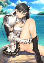 Rule 34 | 1girl, absurdres, armor, black eyes, black hair, black thighhighs, breastplate, breasts, cleavage, cliff, cloud, cross, day, earrings, gauntlets, highres, jewelry, large breasts, long hair, long legs, looking at viewer, parted lips, pauldrons, scan, shining (series), shining resonance, shoulder armor, sitting, skirt, sky, solo, sonia blanche, thighhighs, tony taka, water