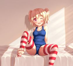 Rule 34 | 1girl, bed, blonde hair, blue one-piece swimsuit, breasts, fang, feet, highres, medium breasts, no shoes, nottytiffy, nova (fastrunner2024), one-piece swimsuit, one eye closed, original, red eyes, school swimsuit, short hair, sitting, smile, soles, solo, spread legs, spread toes, stirrup legwear, striped clothes, striped thighhighs, swimsuit, thighhighs, toeless legwear, toes, twintails, two side up