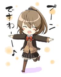 Rule 34 | 10s, 1girl, ^ ^, bad id, bad pixiv id, black skirt, blouse, brown hair, brown jacket, brown sweater, brown thighhighs, cardigan, closed eyes, engiyoshi, hair between eyes, jacket, kantai collection, kumano (kancolle), long hair, long sleeves, musical note, neck ribbon, open mouth, pleated skirt, ponytail, quaver, red ribbon, remodel (kantai collection), ribbon, school uniform, shirt, skirt, smile, solo, sweater, sweater jacket, teeth, thighhighs, translation request, white shirt