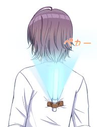Rule 34 | 1girl, ahoge, asakura toru, brown hair, commentary request, from behind, glowstick, idolmaster, idolmaster shiny colors, justice/ryo, penlight (glowstick), school uniform, shirt, short hair, solo, tape, translation request, upper body, white shirt