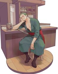 Rule 34 | 1boy, bar (place), bar stool, bara, black footwear, boots, earrings, green hair, green kimono, head rest, highres, japanese clothes, jewelry, kimono, looking at viewer, male focus, one eye closed, one piece, pectorals, roronoa zoro, scar, scar across eye, scar on chest, sheath, sheathed, shironegi zzz, short hair, sitting, smile, solo, stool, sword, weapon