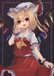 Rule 34 | 1girl, :3, :d, absurdres, animal ear fluff, animal ears, ascot, bell, black background, blonde hair, border, cat ears, cat tail, choker, commentary request, crystal, dress, fang, flandre scarlet, frilled shirt collar, frilled skirt, frills, hair between eyes, hat, highres, hinata (user rjkt4745), jingle bell, kemonomimi mode, looking at viewer, mob cap, multicolored wings, one side up, open mouth, paw pose, puffy short sleeves, puffy sleeves, red choker, red dress, red eyes, red ribbon, red skirt, red vest, ribbon, short sleeves, side ponytail, simple background, skirt, smile, solo, tail, tongue, touhou, vest, white hat, wings, wrist cuffs