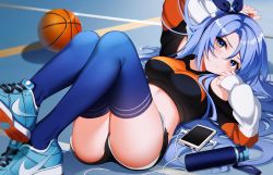 Rule 34 | 1girl, ass, ball, basketball, basketball (object), black sweater, blue hairband, blue ribbon, blue thighhighs, borrowed character, bottle, breasts, cellphone, clothing cutout, cropped sweater, earbuds, earphones, hair ribbon, hairband, highres, kiyochii, long hair, lying, medium breasts, midriff, bae minah (chaesu), nike (company), on back, original, phone, ribbon, shoes, shoulder cutout, smartphone, sneakers, solo, sweater, thighhighs, thighs, water bottle