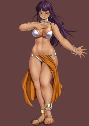 Rule 34 | 1girl, anklet, bangle, bracelet, breasts, brown background, brown eyes, choker, circlet, cleavage, dancer, dancer&#039;s costume (dq), dark-skinned female, dark skin, dragon quest, dragon quest iv, earrings, full body, hand up, highres, jewelry, large breasts, long hair, looking at viewer, manya (dq4), midriff, navel, nemui333, pelvic curtain, purple hair, sandals, simple background, smile, solo, square enix, standing, tan, thighs