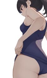 Rule 34 | 1girl, adjusting clothes, adjusting swimsuit, armpit peek, ass, back, black hair, blue one-piece swimsuit, blush, breasts, closed mouth, highres, hiroki (yyqw7151), looking away, medium hair, one-piece swimsuit, original, ponytail, purple eyes, school swimsuit, school swimsuit flap, serious, small breasts, solo, swimsuit, thighs, white background