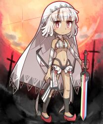 Rule 34 | 1girl, altera (fate), bare shoulders, blush, breasts, bright pupils, choker, closed mouth, dark-skinned female, dark skin, detached sleeves, fate/grand order, fate (series), frown, full-body tattoo, headdress, highres, holding, holding sword, holding weapon, ka zhi, midriff, moon, navel, photon ray (fate), red eyes, red footwear, short hair, small breasts, solo, sword, tattoo, weapon, white hair, white pupils