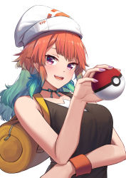 Rule 34 | 1girl, :d, absurdres, aqua hair, backpack, bag, bare arms, bare shoulders, beanie, black dress, blush, breasts, cosplay, creatures (company), dawn (pokemon), dawn (pokemon) (cosplay), dress, earrings, erezu, feather earrings, feathers, game freak, gradient hair, hat, highres, holding, holding poke ball, hololive, hololive english, jewelry, large breasts, long hair, looking at viewer, multicolored hair, nail polish, nintendo, open mouth, orange hair, poke ball, poke ball (basic), pokemon, pokemon bdsp, purple eyes, simple background, sleeveless, sleeveless dress, smile, solo, sweatband, takanashi kiara, upper body, virtual youtuber, white background, white hat
