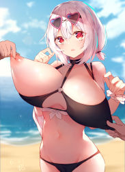 Rule 34 | 1girl, azur lane, beach, bikini, black bikini, blush, breast lift, breast pull, breasts, breasts apart, breasts out, cloud, cowboy shot, d:, dated, groin, groping, hair between eyes, hands up, heart, heart-shaped eyewear, highres, huge breasts, looking at viewer, medium hair, midriff, navel, nipple pull, nipple stimulation, nipple tweak, nipples, o-ring, o-ring bikini, o-ring top, open clothes, open mouth, open shirt, outdoors, pov, pov hands, red eyes, scrunchie, shirt, silver hair, sirius (azur lane), sirius (scorching-hot seirios) (azur lane), sky, solo focus, sunglasses, sunglasses on head, swimsuit, tied shirt, unaligned breasts, wavy mouth, white shirt, wrist scrunchie, zhao (pixiv12947327)