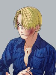 Rule 34 | 1boy, black eyes, blonde hair, blood, blood from mouth, blue shirt, bruise, bruise on face, cigarette, hair over one eye, highres, holding, holding cigarette, injury, male focus, one piece, sanji (one piece), shirt, simple background, solo, urasanmyaku