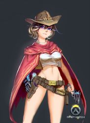 Rule 34 | 1girl, absurdres, ammunition, bad id, bad pixiv id, belt, blue eyes, breasts, brown hair, cape, cassidy (overwatch), closed mouth, copyright name, cowboy hat, cowboy shot, crop top, genderswap, genderswap (mtf), glowing, glowing eyes, groin, gun, hair between eyes, handgun, hat, highres, holding, holding gun, holding weapon, holster, looking at viewer, midriff, navel, overwatch, overwatch 1, pauld, pistol, red cape, shirt, short hair, short shorts, shorts, simple background, solo, standing, stomach, taut clothes, taut shirt, weapon