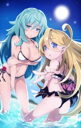 Rule 34 | 2girls, :o, ahoge, aqua hair, ass, ball, beachball, bikini, blonde hair, blue eyes, blush, breasts, carrying, carrying under arm, cleavage, day, dutch angle, hand on thigh, highres, large breasts, leaning forward, long hair, looking at viewer, looking back, mary skelter, multiple girls, nanameda kei, official art, outdoors, outstretched arm, outstretched hand, parted lips, rapunzel (mary skelter), sleeping beauty (mary skelter), slit pupils, sun, swimsuit, water, wet