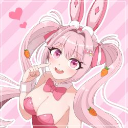 1girl absurdres alice_(nikke) alice_(wonderland_bunny)_(nikke) animal_ears bow breasts carrot_hair_ornament fake_animal_ears food-themed_hair_ornament goddess_of_victory:_nikke hair_ornament heart highres leotard looking_at_viewer open_mouth pink_eyes pink_hair playboy_bunny rabbit_ears skin_tight twintails user_hmdv4575