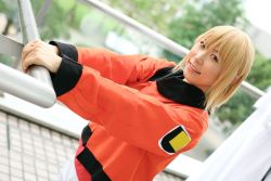Rule 34 | 1girl, asian, blonde hair, character request, chippi, color contacts, cosplay, dutch angle, looking at viewer, outdoors, photo (medium), short hair, solo, source request