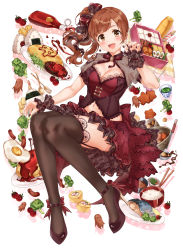 1girl, :d, absurdres, bangs, blush, bow, bowtie, breasts, brown hair, brown legwear, cleavage, cleavage cutout, clothing cutout, commentary, dress, earrings, eyebrows visible through hair, fingernails, floral print, food, footwear bow, hair bow, hand up, heart, heart earrings, high heels, highres, idolmaster, idolmaster cinderella girls, idolmaster cinderella girls starlight stage, igarashi kyouko, jewelry, long hair, looking at viewer, medium breasts, nail polish, navel, navel cutout, obentou, onigiri, open mouth, plate, print dress, red bow, red dress, red footwear, red nails, rose print, short sleeves, side ponytail, sirurabbit, smile, solo, thighhighs, wrist cuffs, yellow eyes