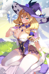 Rule 34 | 1girl, aqua eyes, bare arms, bird, blush, breasts, cleavage, cliff, cowl, dove, flower, genshin impact, grass, hair flower, hair ornament, hair over shoulder, hand on breast, hat, highres, jewelry, large breasts, light brown hair, lisa (genshin impact), long hair, looking at viewer, orange sekaii, outdoors, patreon logo, patreon username, pendant, purple flower, purple headwear, short sleeves, shorts, sitting, smile, thighhighs, white thighhighs, witch hat, yokozuwari
