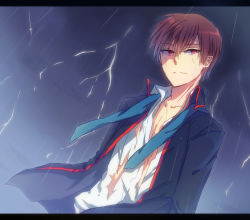 Rule 34 | brown hair, highres, letterboxed, lightning, little busters!, male focus, natsume kyousuke, nunko, rain, red eyes, school uniform, short hair, solo, torn clothes, wet
