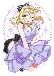 Rule 34 | 10s, 1girl, 2019, artist name, artist request, bare shoulders, black bow, blonde hair, bow, braid, breasts, cleavage, crown braid, dress, earrings, female focus, full body, gloves, hair bow, hair rings, heart, highres, jewelry, looking at viewer, love live!, love live! school idol festival, love live! sunshine!!, mono land, ohara mari, one eye closed, parted lips, purple bow, purple dress, ribbon, short hair, solo, song name, striped, striped bow, white background, white gloves, yellow eyes
