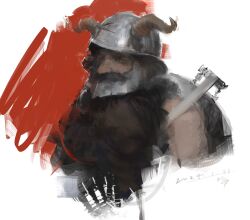 Rule 34 | 1boy, absurdres, beard, commentary request, cropped shoulders, dated, dungeon meshi, facial hair, fake horns, full beard, helm, helmet, highres, horned helmet, horns, male focus, qiumoyixing, senshi (dungeon meshi), signature, solo, white background