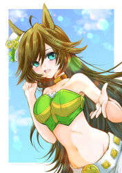 Rule 34 | 1girl, :d, absurdres, ahoge, animal ears, bare arms, bare shoulders, black hair, blue eyes, blue sky, breasts, choker, cloud, commentary request, crop top, day, freddo, green shirt, hat, highres, horse ears, large breasts, lens flare, long hair, looking at viewer, midriff, mini hat, mini top hat, mr. c.b. (umamusume), navel, open mouth, pants, shirt, sky, smile, solo, stomach, strapless, strapless shirt, top hat, umamusume, upper body, very long hair, white hat, white pants, yellow choker