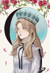 Rule 34 | 1girl, blonde hair, blouse, crown, flower, gem, go won, gozzi, highres, k-pop, korean commentary, light blush, looking up, loona (group), mixed-language commentary, parted lips, petals, purple eyes, real life, red flower, red rose, rose, shirt, solo, thick lips, upper body, white shirt