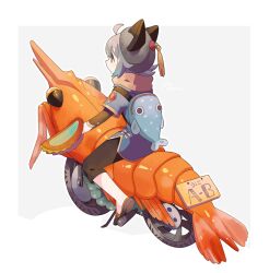 Rule 34 | 1other, androgynous, animal-themed vehicle, animal bag, animal hat, bicycle, black pants, blue bag, blue jacket, brown footwear, chinese clothes, cowlick, grey hair, grey hat, hat, highres, jacket, license plate, medium hair, orange eyes, original, outline, pants, riding, riding bicycle, short sleeves, shrimp, solo, sorata123, tassel, white outline