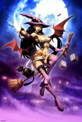 Rule 34 | 1girl, animal, bat (animal), bat wings, black cat, black fur, black hair, boots, breasts, broom, broom riding, cat, cityscape, cleavage, cloud, collarbone, dice, fingerless gloves, genzoman, gloves, halloween, hat, high heels, large breasts, long hair, looking at viewer, midriff, moon, moon witch, navel, night, open mouth, panties, pantyshot, pink footwear, pink gloves, pink headwear, pointing, red eyes, shirt, skirt, skull, smile, strapless, teeth, thigh boots, tube top, underwear, white panties, white shirt, white skirt, wings, witch, witch hat
