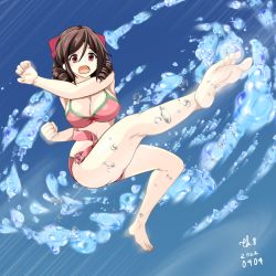 Rule 34 | 1girl, air bubble, barefoot, bikini, bow, breasts, brown hair, bubble, commentary request, dated, drill hair, full body, hair bow, harukaze (kancolle), kantai collection, kicking, large breasts, long hair, official alternate costume, pink bikini, red bow, red eyes, solo, swimsuit, tk8d32, twin drills, twitter username, underwater