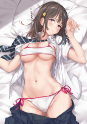 Rule 34 | 1girl, bikini, blush, breasts, brown hair, closed mouth, collared shirt, commentary request, dress shirt, flower, from above, hair flower, hair ornament, hand up, head on pillow, highres, long hair, looking at viewer, loose necktie, lying, medium breasts, navel, necktie, on back, on bed, open clothes, open shirt, open skirt, original, pink eyes, school uniform, shirt, short sleeves, side-tie bikini bottom, skindentation, skirt, solo, stomach, striped necktie, sweatdrop, swimsuit, translation request, unbuttoned, underboob, underwear, white bikini, white shirt, wing (aiastor)