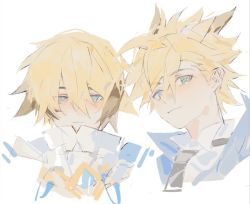 Rule 34 | 2boys, blonde hair, blue eyes, blush, brown hair, centurion (elsword), chung seiker, closed mouth, colored tips, elsword, frown, linbai22, looking at viewer, male focus, multicolored hair, multiple boys, shooting guardian (elsword), short hair, sketch, spiked hair, white background