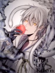 Rule 34 | 1boy, black gloves, food, fruit, gloves, hand up, highres, holding, holding food, holding fruit, hoojiro, japanese clothes, long sleeves, looking at viewer, male focus, original, parted lips, partially fingerless gloves, snake, solo, white hair, white snake, yellow eyes