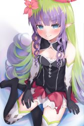Rule 34 | 1girl, absurdres, ameth (princess connect!), bare shoulders, black gloves, black shirt, black thighhighs, blue eyes, blunt bangs, blush, breasts, bushinofuji, cleavage, commentary request, detached collar, drill hair, drill sidelocks, elbow gloves, full body, gloves, green hair, highres, long hair, looking at viewer, no shoes, princess connect!, purple hair, red skirt, shirt, sidelocks, sitting, skirt, small breasts, smile, solo, thighhighs, v-shaped eyebrows, very long hair, yokozuwari