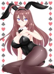 Rule 34 | 1girl, ahoge, alternate costume, animal ears, bare shoulders, black bow, black bowtie, black footwear, black hairband, black leotard, black pantyhose, blue eyes, blush, bow, bowtie, breasts, brown hair, cleavage, closed mouth, club (shape), commentary request, covered navel, detached collar, diamond (shape), ear covers, gurukorian, hair between eyes, hairband, hand on own chest, heart, high heels, horse ears, horse girl, large breasts, leotard, looking at viewer, mihono bourbon (umamusume), nontraditional miko, nontraditional playboy bunny, pantyhose, simple background, sitting, solo, spade (shape), strapless, strapless leotard, umamusume, white background, yokozuwari