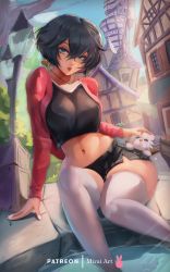 Rule 34 | 1girl, absurdres, aqua eyes, arm support, artist name, backlighting, black hair, black shirt, black skirt, breasts, building, cat, commentary, commission, crop top, day, english commentary, fingernails, hair between eyes, highres, jacket, jewelry, kingdom hearts, lamppost, large breasts, light particles, long sleeves, looking at viewer, microskirt, midriff, miniskirt, mirai hikari, nail polish, navel, necklace, open clothes, open jacket, original, parted lips, shirt, short hair, sitting, skindentation, skirt, soaking feet, solo, stomach, sunlight, teeth, thighhighs, thighs, tree, upper teeth only, v-neck, white nails, white thighhighs, window