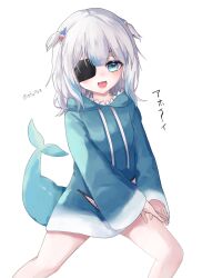 Rule 34 | 1girl, :d, animal hood, blue eyes, blue hair, eyepatch, fins, fish tail, gawr gura, hair ornament, highres, hololive, hololive english, hood, long sleeves, looking at viewer, medium hair, multicolored hair, open mouth, ota728, shark girl, shark hair ornament, shark hood, shark tail, sharp teeth, shirt, simple background, smile, solo, streaked hair, tail, teeth, virtual youtuber, white background, white hair, white shirt