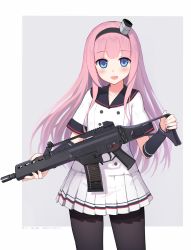 Rule 34 | 1girl, :d, absurdres, assault rifle, black pantyhose, blue eyes, blush, breasts, buttons, character name, collarbone, copyright name, cowboy shot, detached sleeves, double-breasted, eyebrows, eyelashes, fingernails, grey background, gun, hagi (ame hagi), hairband, happy, highres, hk g36k, holding, holding gun, holding weapon, long fingernails, long hair, magazine (weapon), miniskirt, nail polish, open mouth, original, outside border, pantyhose, pink hair, pink nails, pleated skirt, rifle, school uniform, serafuku, shirt, short sleeves, sidelocks, simple background, skirt, small breasts, smile, solo, standing, tareme, very long hair, warship girls r, weapon, white shirt, white skirt, z17 diether von roeder (zhan jian shao nyu)